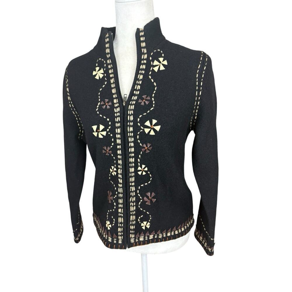 Lauren Hansen Sweater Womens S Black Wool Leather Floral Embroidered Vintage - Picture 5 of 14